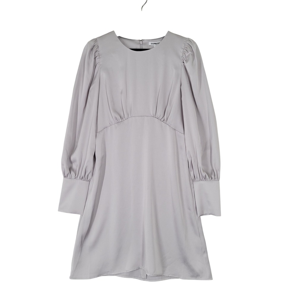 Express Satin Mini Dress Women Small Silver Grey Long Puff Sleeve Empire Waist